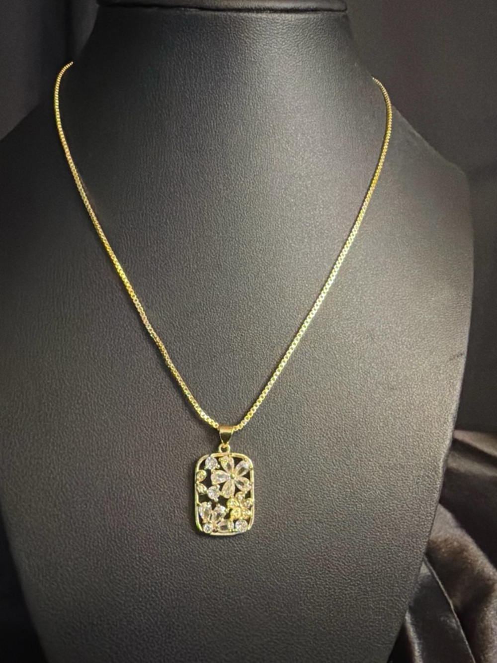 Gold Floral Openwork Rectangle Pendant Necklace - Women's Jewelry